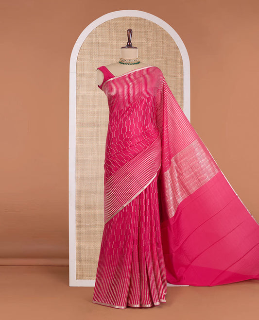 Pink zari design Mysore silk saree, zari striped border, and chevron striped pallu