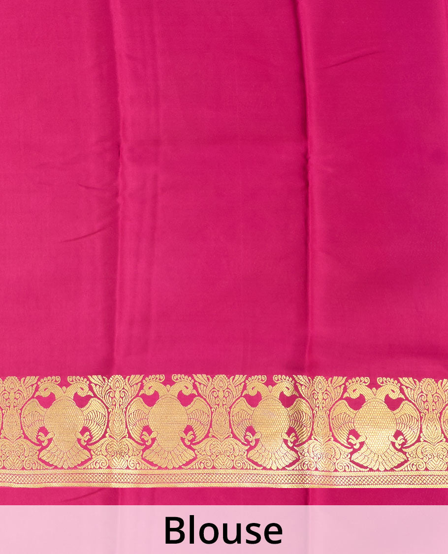 Violet plain Mysore silk saree, zari border of two-headed eagle motifs, and contrast pallu steeped with two-headed eagle motifs