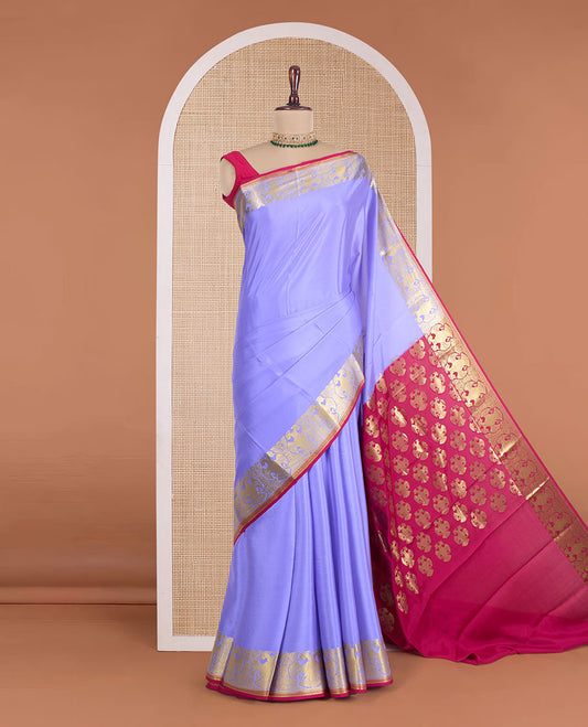 Violet plain Mysore silk saree, zari border of two-headed eagle motifs, and contrast pallu steeped with two-headed eagle motifs
