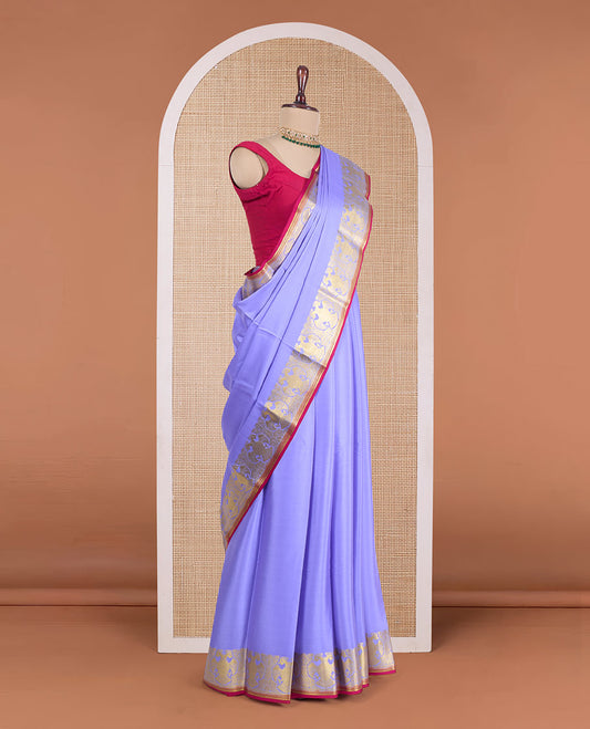 Violet plain Mysore silk saree, zari border of two-headed eagle motifs, and contrast pallu steeped with two-headed eagle motifs