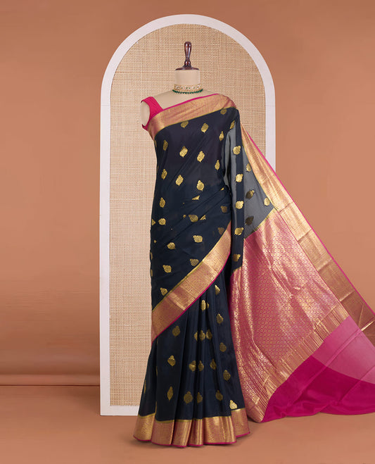 Black zari buttas Mysore silk saree, contrast traditional zari design border, and jaal pallu