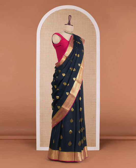 Black zari buttas Mysore silk saree, contrast traditional zari design border, and jaal pallu