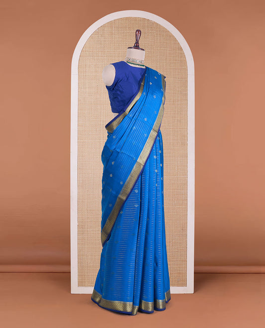Blue zari stripes and buttas Mysore silk saree, contrast traditional zari border of ara maadam designs, and pallu of jaal designs
