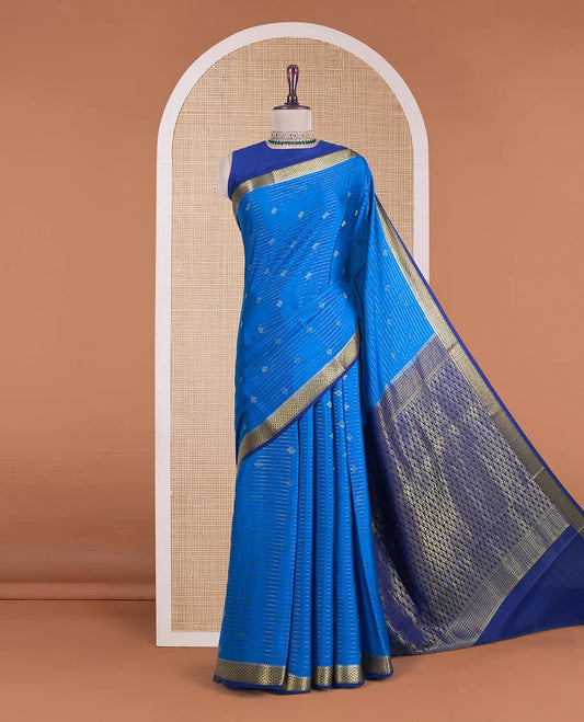 Blue zari stripes and buttas Mysore silk saree, contrast traditional zari border of ara maadam designs, and pallu of jaal designs