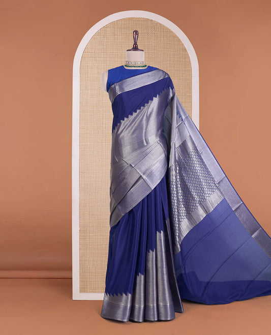 Blue temple jacquard Mysore silk saree, traditional zari border, and zari design pallu