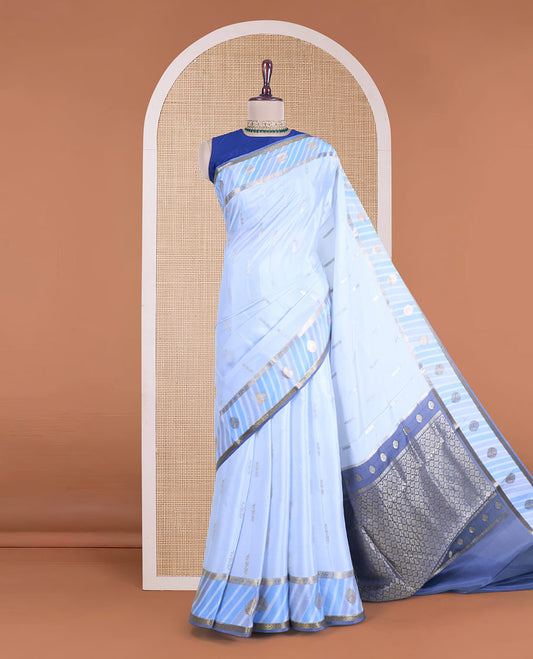 Blue zari buttas Mysore silk saree, contrast traditional zari border, and pallu of zari designs