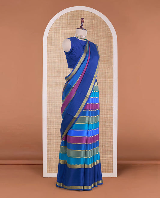 Multi-color striped zari design Mysore silk saree, rettai pettu traditional zari border, and zari design pallu