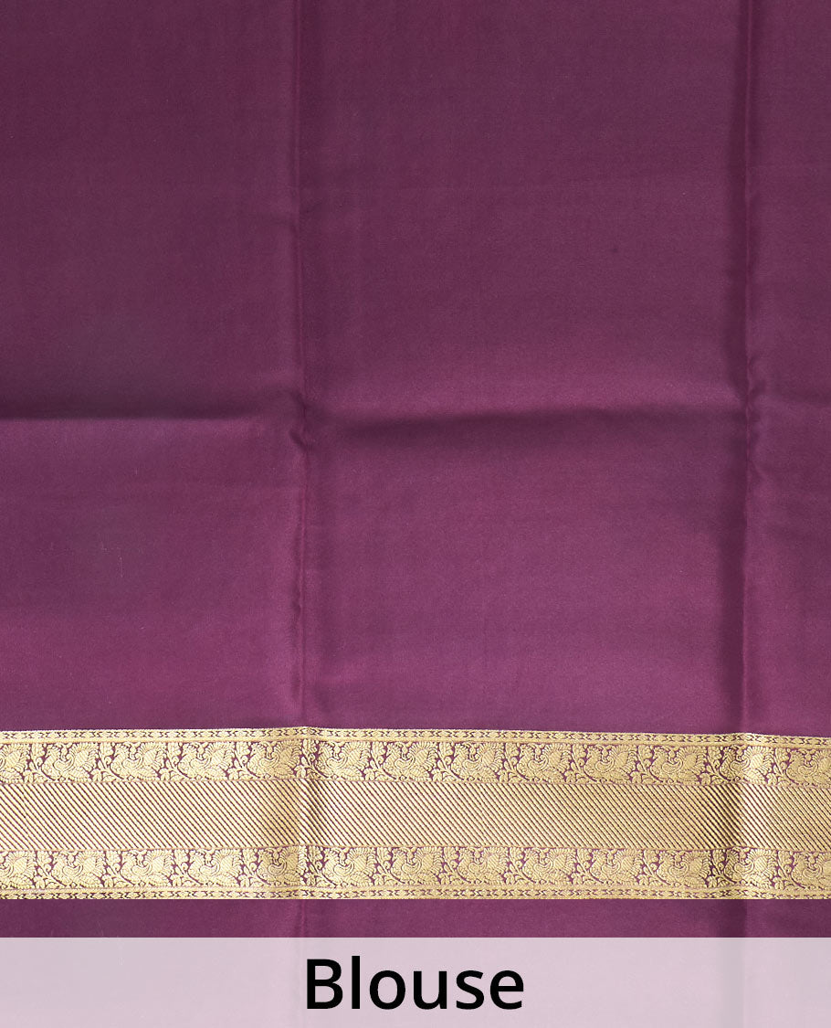 Orange zari buttas Mysore silk saree, contrast traditional zari border of peacock motifs, and jaal pallu