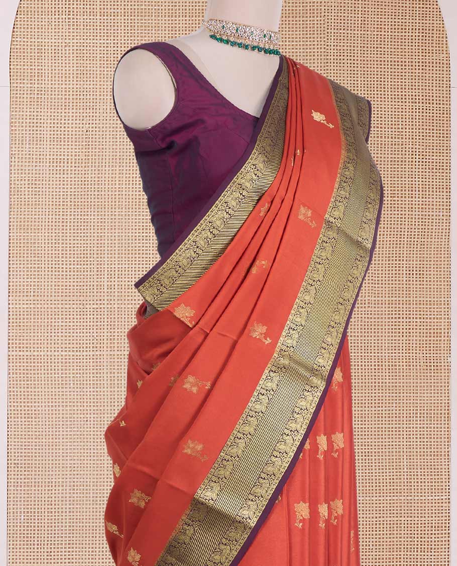 Orange zari buttas Mysore silk saree, contrast traditional zari border of peacock motifs, and jaal pallu