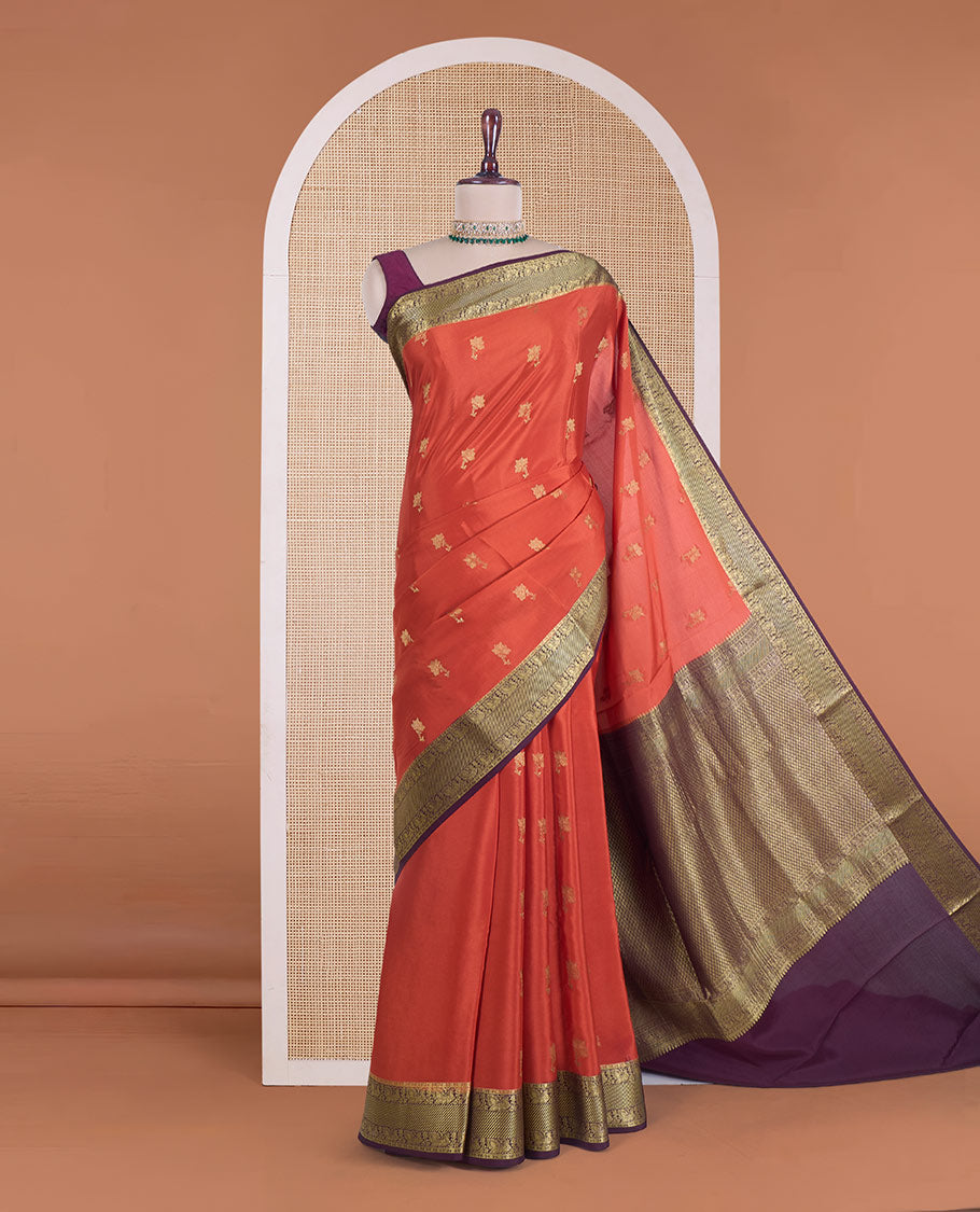 Orange zari buttas Mysore silk saree, contrast traditional zari border of peacock motifs, and jaal pallu