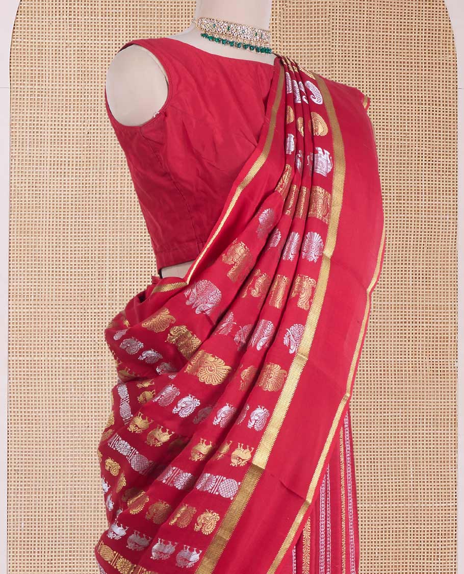 Red animal zari motifs Mysore silk saree, rettai pettu zari border, and pallu steeped with traditional designs