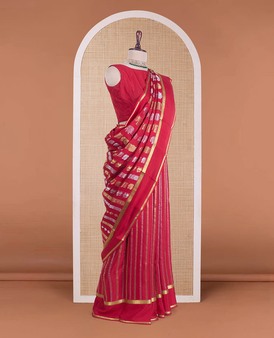 Red animal zari motifs Mysore silk saree, rettai pettu zari border, and pallu steeped with traditional designs