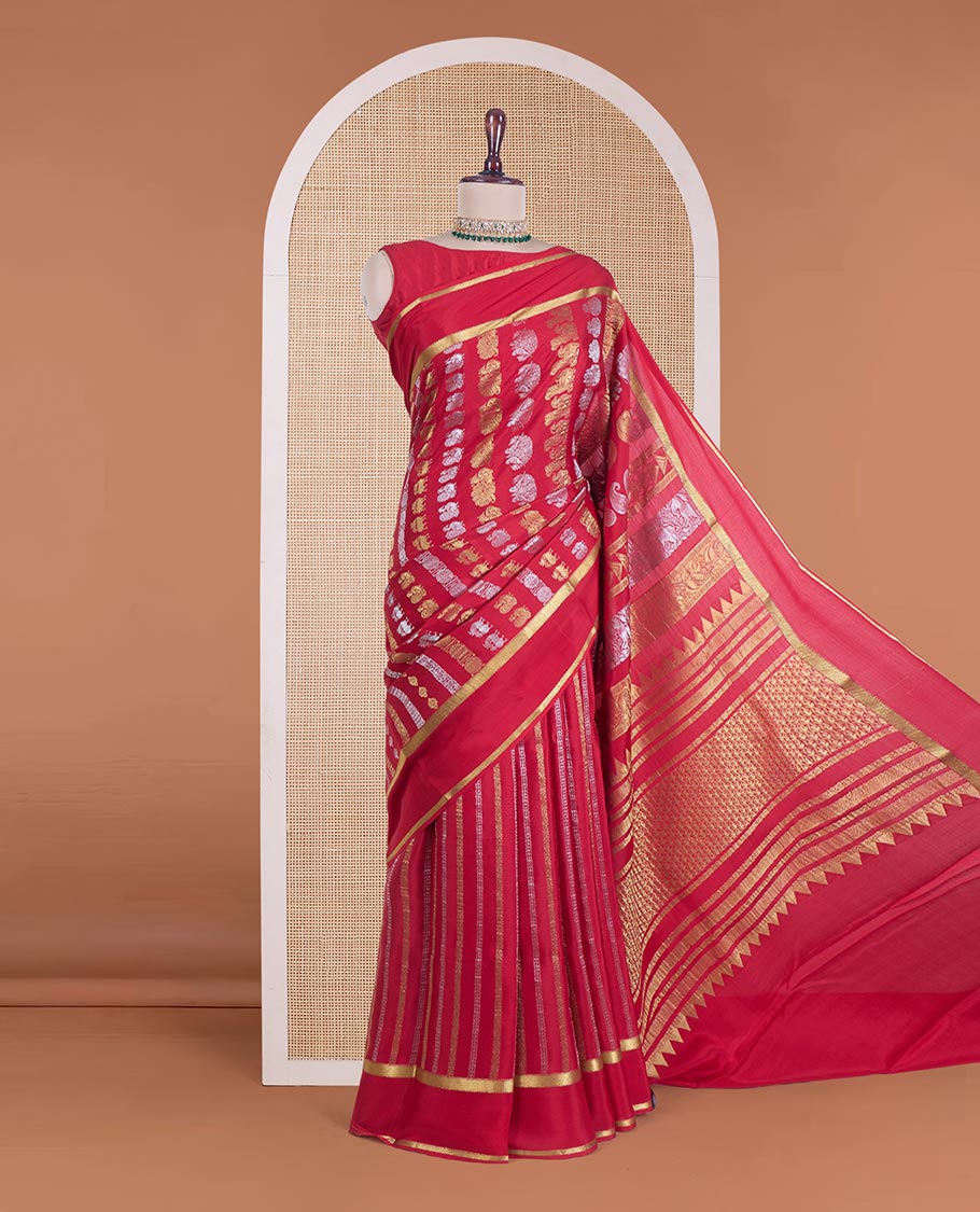 Red animal zari motifs Mysore silk saree, rettai pettu zari border, and pallu steeped with traditional designs