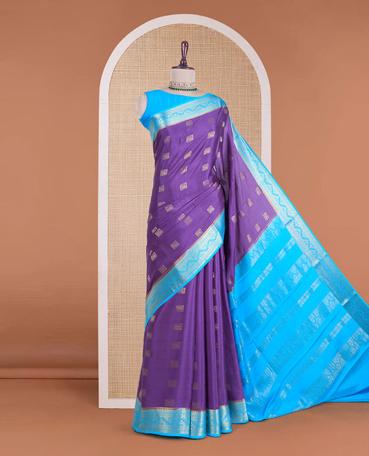 Purple animal buttas Mysore silk saree, contrast traditional zari design border, and zari design pallu