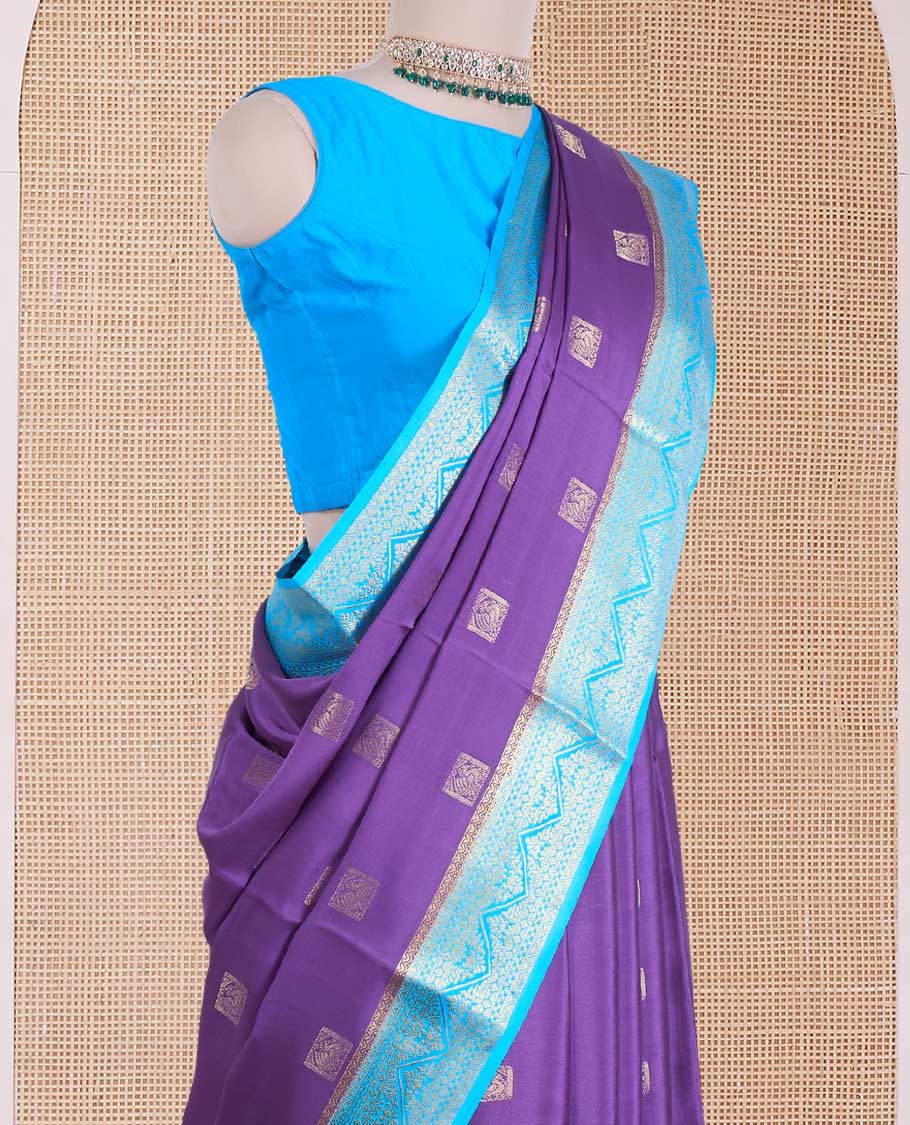 Purple animal buttas Mysore silk saree, contrast traditional zari design border, and zari design pallu