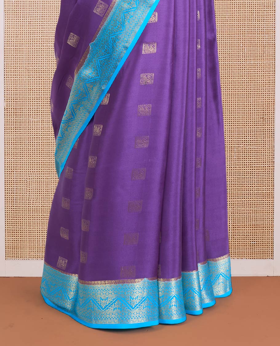Purple animal buttas Mysore silk saree, contrast traditional zari design border, and zari design pallu