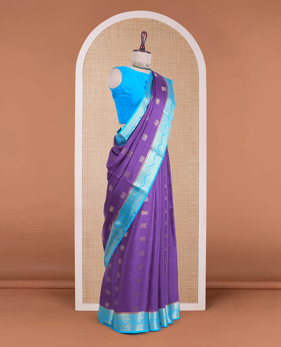 Purple animal buttas Mysore silk saree, contrast traditional zari design border, and zari design pallu