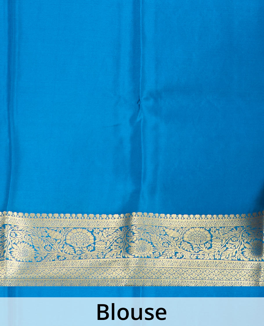 Pink zari buttas Mysore silk saree, contrast traditional zari border of floral creeper designs, and pallu of big paisleys