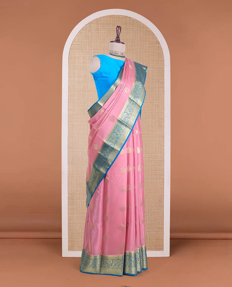 Pink zari buttas Mysore silk saree, contrast traditional zari border of floral creeper designs, and pallu of big paisleys