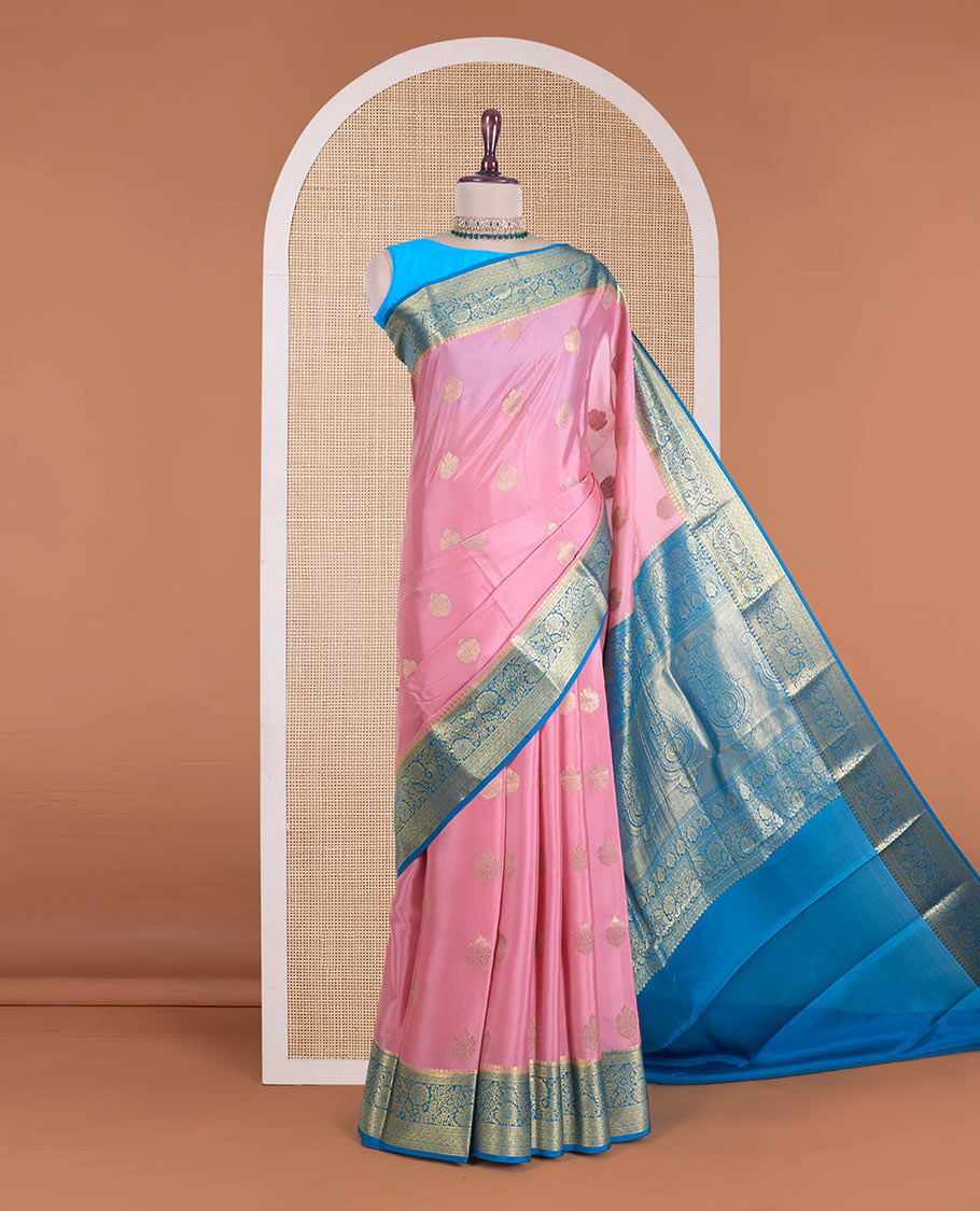 Pink zari buttas Mysore silk saree, contrast traditional zari border of floral creeper designs, and pallu of big paisleys