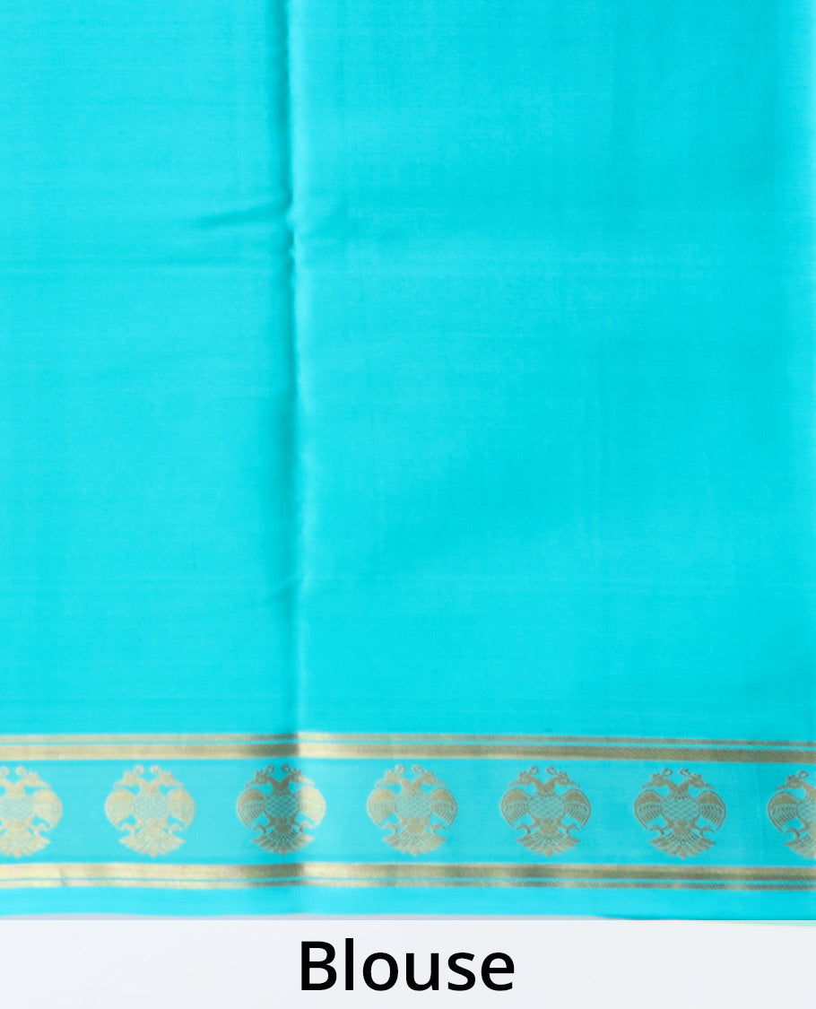 Pink zari buttas Mysore silk saree, contrast traditional zari border of floral creeper designs, and pallu of big paisleys (Copy)