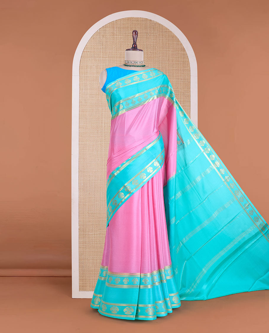 Pink zari buttas Mysore silk saree, contrast traditional zari border of floral creeper designs, and pallu of big paisleys (Copy)