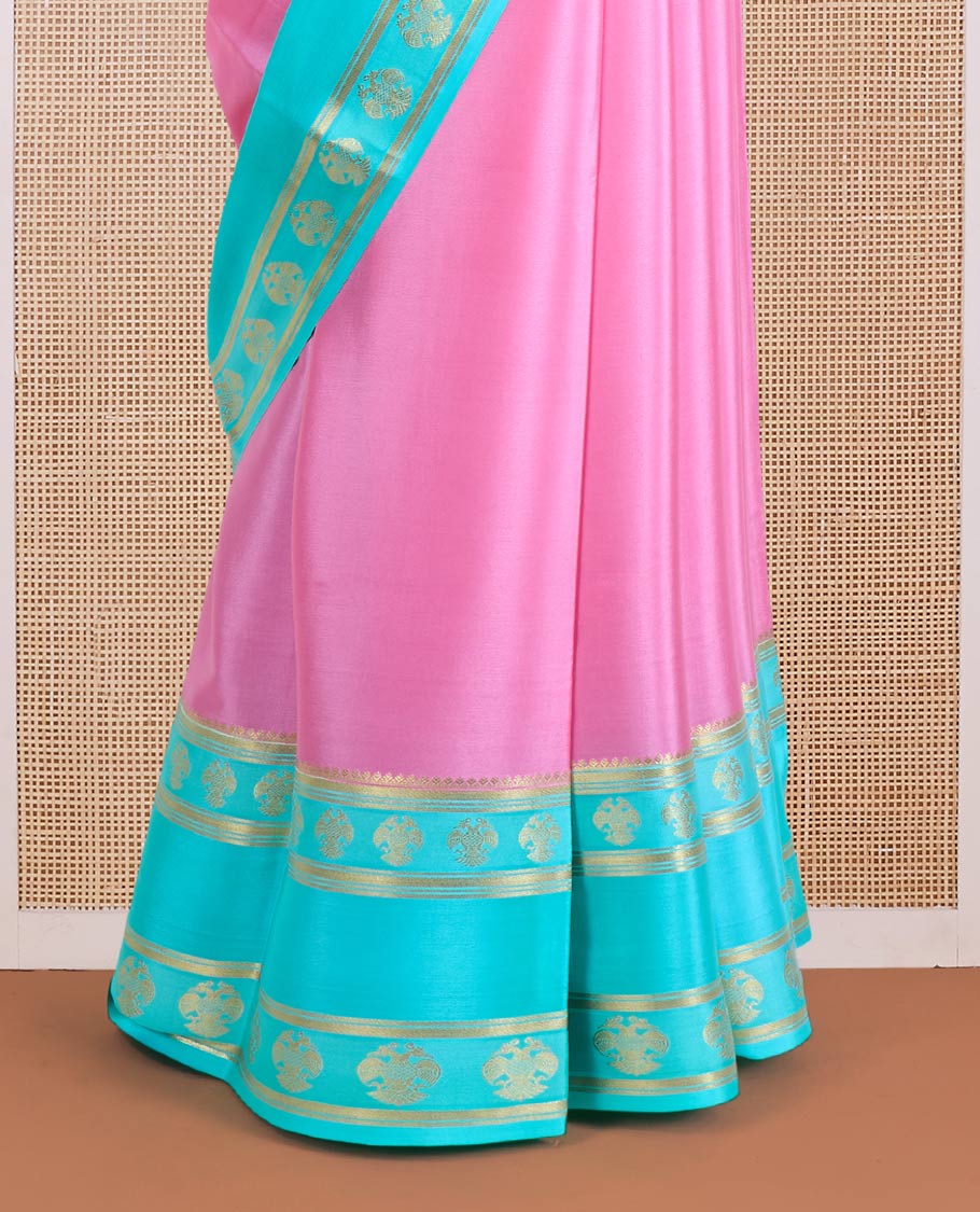 Pink zari buttas Mysore silk saree, contrast traditional zari border of floral creeper designs, and pallu of big paisleys (Copy)