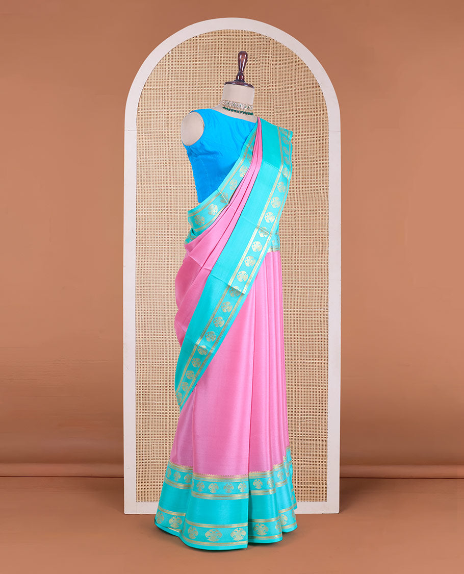 Pink zari buttas Mysore silk saree, contrast traditional zari border of floral creeper designs, and pallu of big paisleys (Copy)