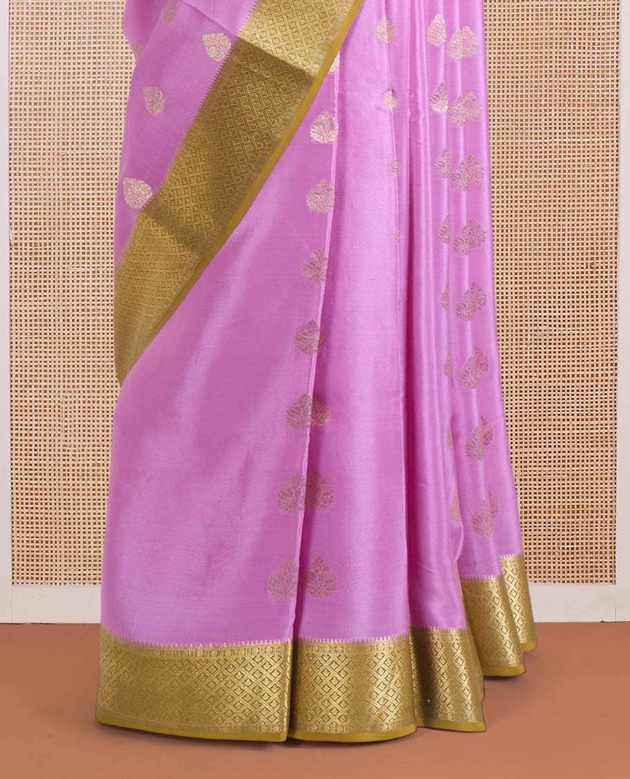 Pink zari buttas Mysore silk saree, contrast jaal border, and pallu steeped with traditional zari designs