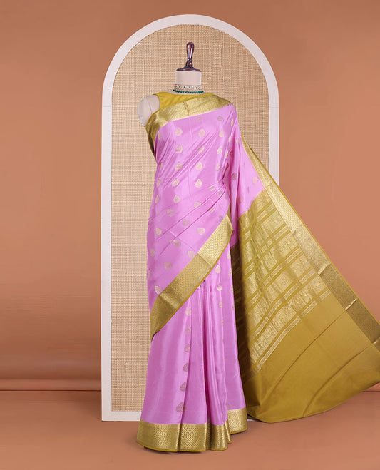 Pink zari buttas Mysore silk saree, contrast jaal border, and pallu steeped with traditional zari designs