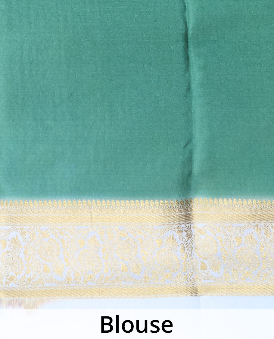 Green zari buttas Mysore silk saree, contrast traditional design border, and scallop design pallu