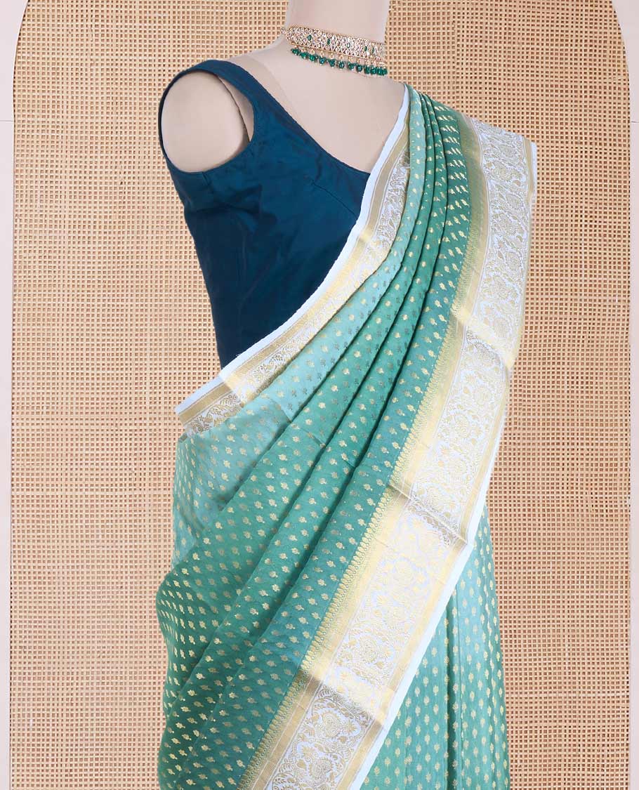 Green zari buttas Mysore silk saree, contrast traditional design border, and scallop design pallu