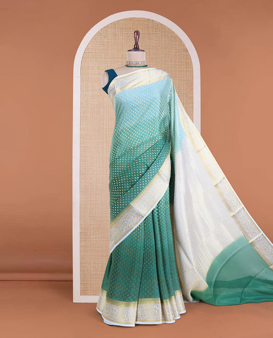 Green zari buttas Mysore silk saree, contrast traditional design border, and scallop design pallu