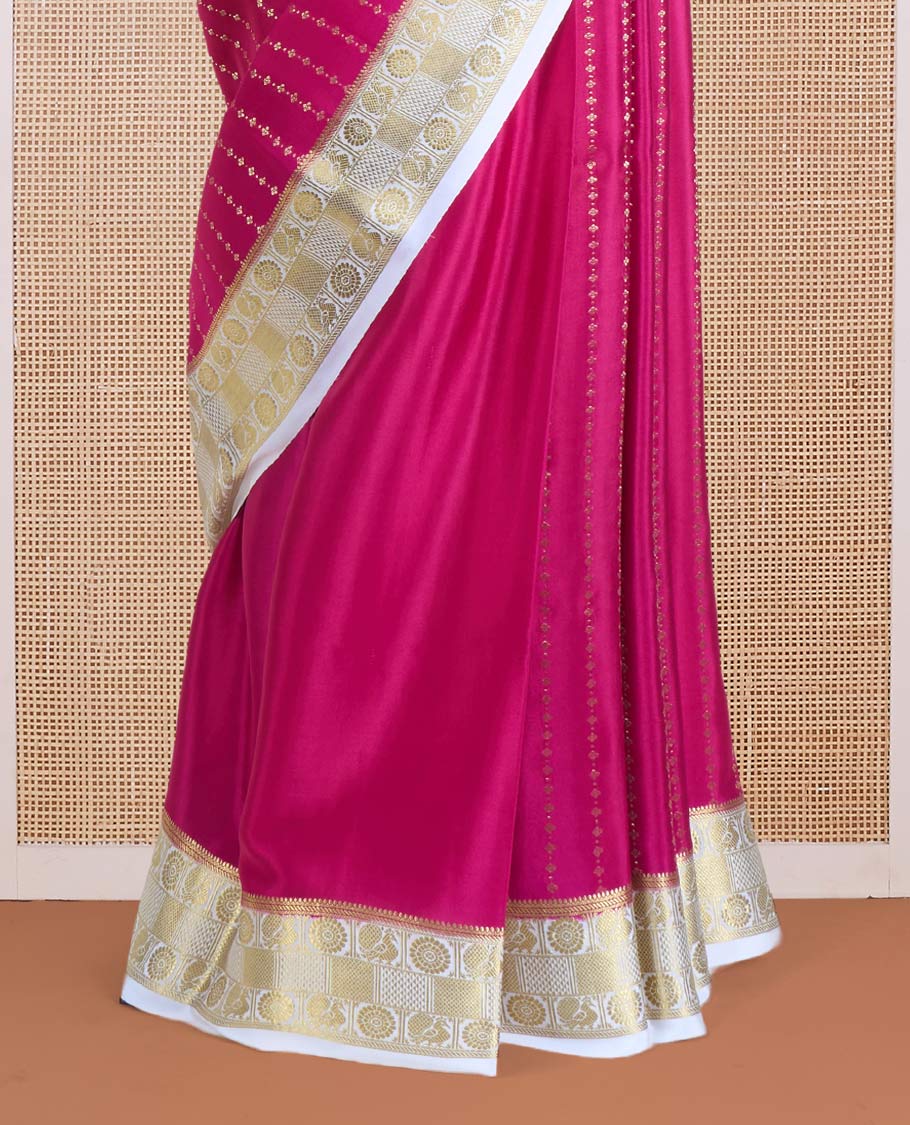 Pink zari design Mysore silk saree, contrast peacock chakra motifs border, and traditional zari design woven pallu