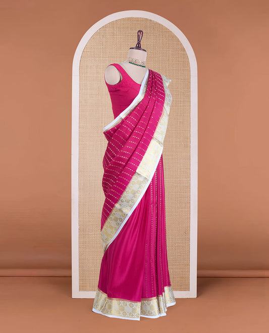 Pink zari design Mysore silk saree, contrast peacock chakra motifs border, and traditional zari design woven pallu