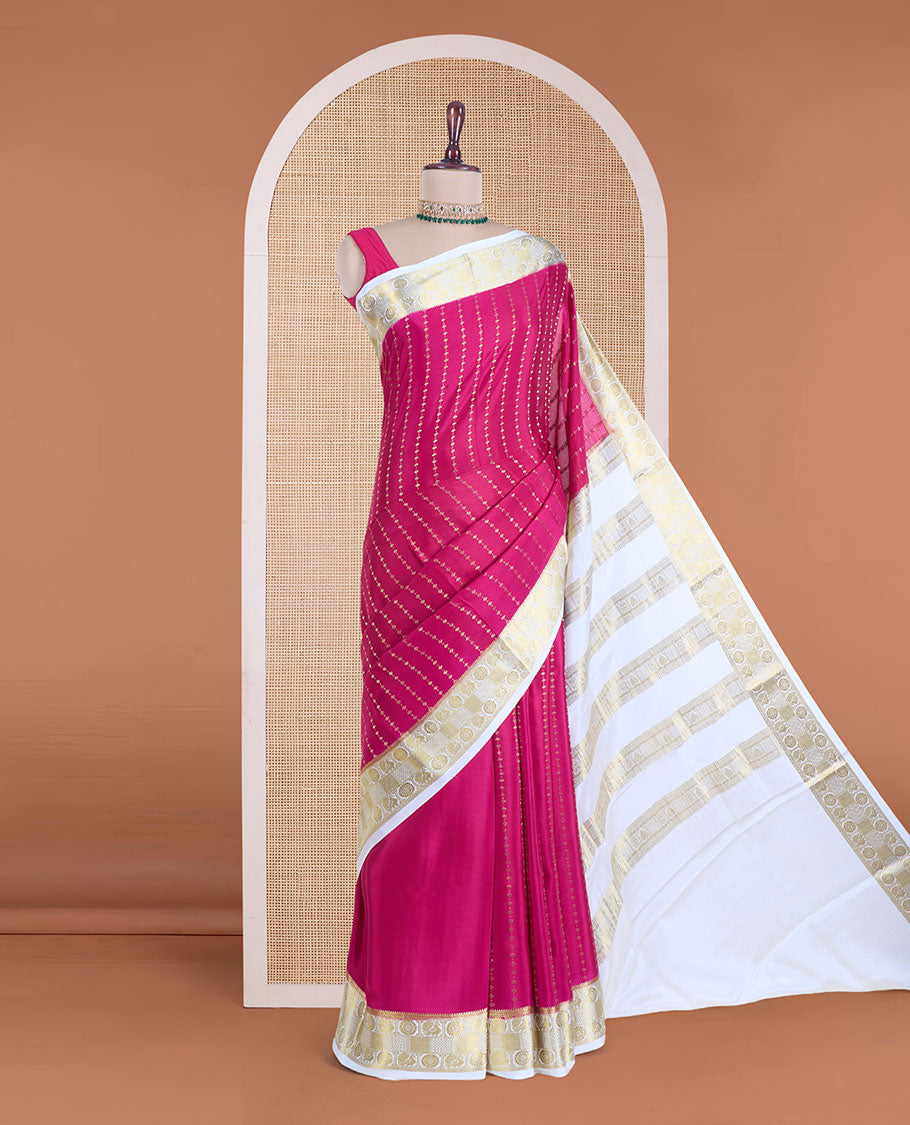 Pink zari design Mysore silk saree, contrast peacock chakra motifs border, and traditional zari design woven pallu