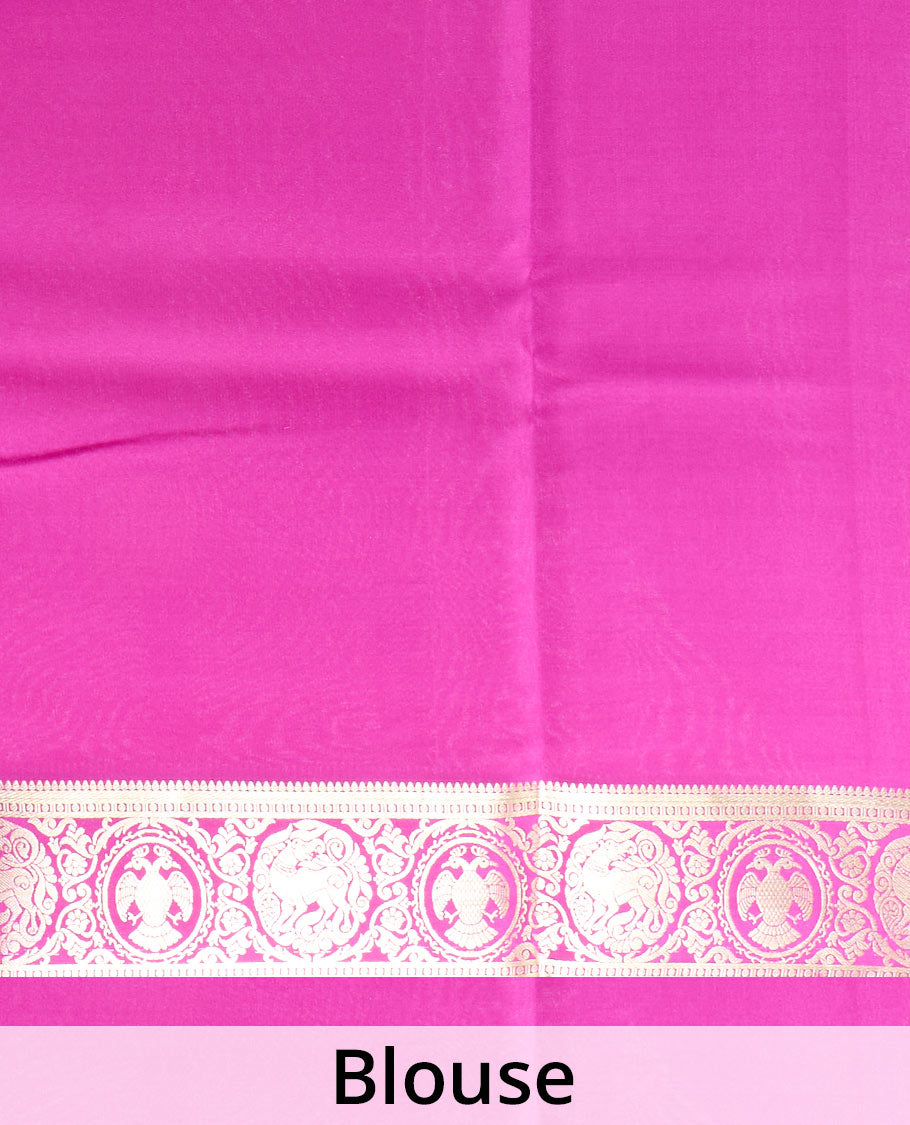 Rani plain Mysore silk saree, zari border of Mythological animal characters, and zari striped pallu