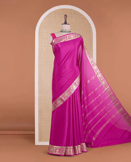 Rani plain Mysore silk saree, zari border of Mythological animal characters, and zari striped pallu