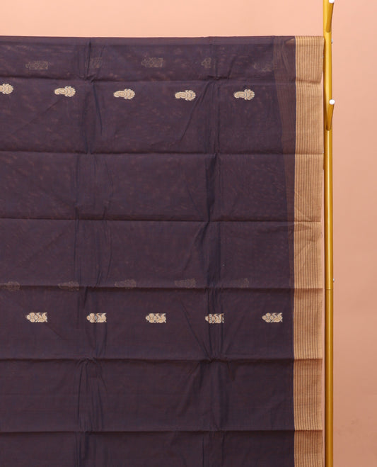 Brown Kanchi Cotton Saree, Spotlighted with Buttas on Its Body, Contrast Border, Pallu of Paisleys, and a Matching Blouse