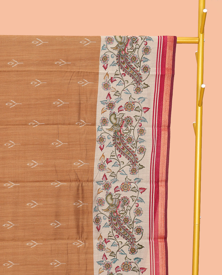 Brown Mul Mul Cotton Saree, Gracefully Embellished with Ikat Buttas, Contrast Kalamkari Floral-Peacock Border, Kalamkari Printed Pallu, and a Contrast Blouse
