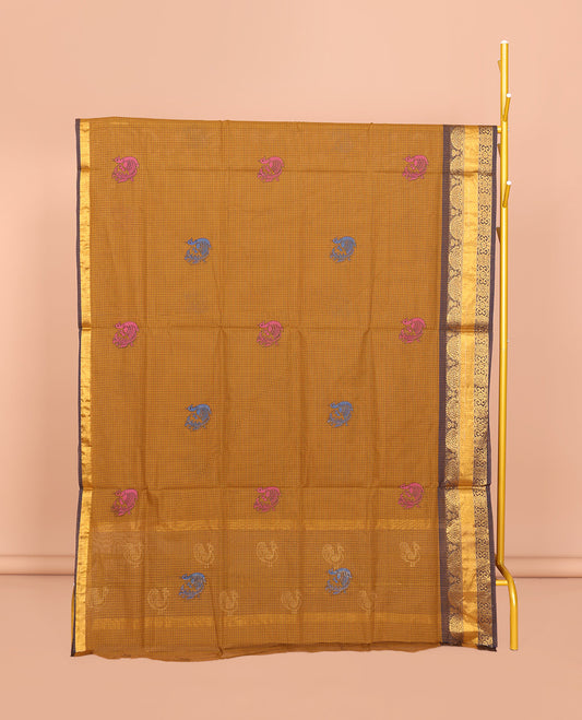 Mustard Venkatagiri Cotton Saree, Detailed with Peacock Buttas and Checks, a Contrast Traditional Zari Border, Pallu of Peacock Buttas and Stripes, and No Blouse