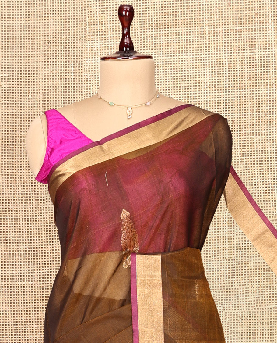 Brown Zari Butta Silk Cotton Saree