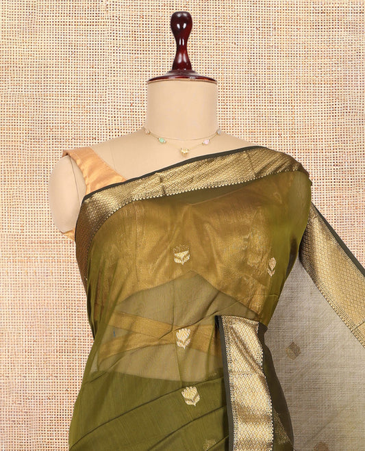 Green Maheshwari Cotton Saree, Detailed with Floral Zari Buttas, a Zari Border, Zari Striped Pallu, and a Matching Blouse