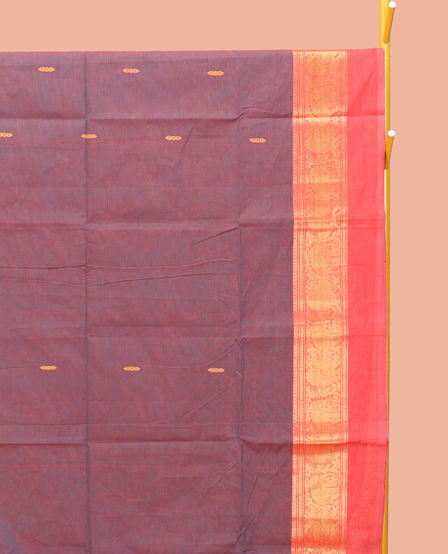 Wine Chettinad Cotton Saree, Ornamented with Thread Buttas All Over Its Body, Complemented by a Contrast Ganga-Jamuna Kal Eragina Border of Kodi Peacock and Elephant Designs, Pallu of Buttas and Stripes, and Paired with a Matching Blouse