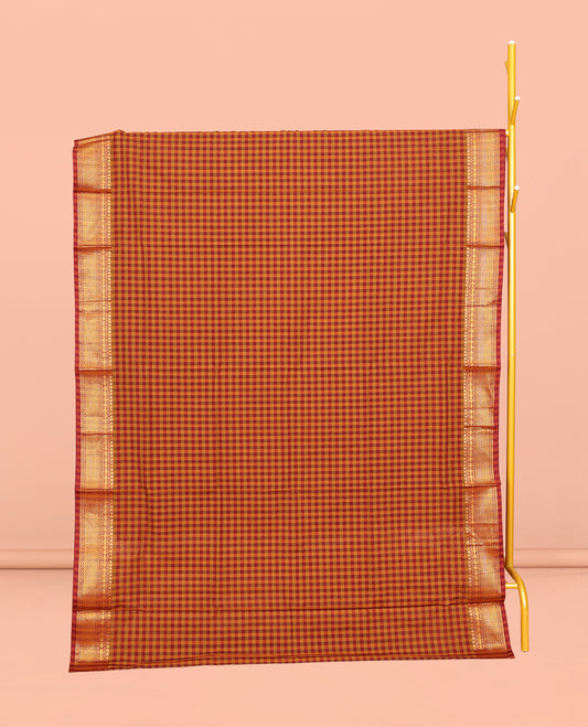 Orange-Red Chettinad Cotton Saree, Spotlighted with Micro-Checks, Highlighted by Traditional Zari Border, Striped Pallu, and No Blouse