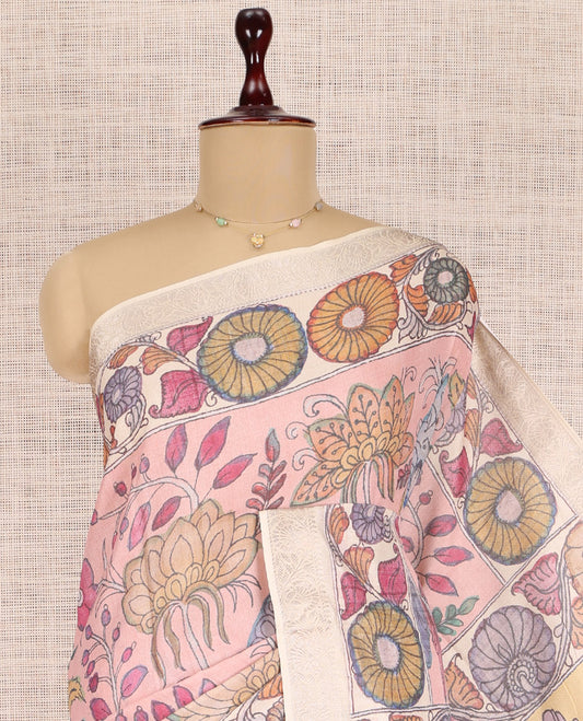 Pale Pink Kalamkari Printed Fancy Tussar Saree