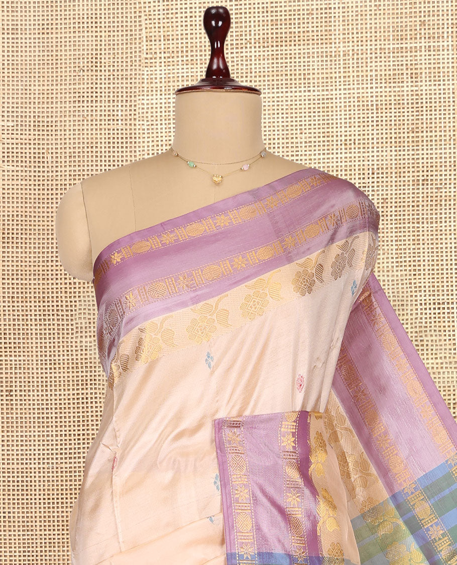 Sandal Banana Pith Saree, Woven with Thread Buttas, Complemented by a Contrast Rettai Pettu Traditional Border, Pallu of Stripes and Buttas, and a Contrast Blouse