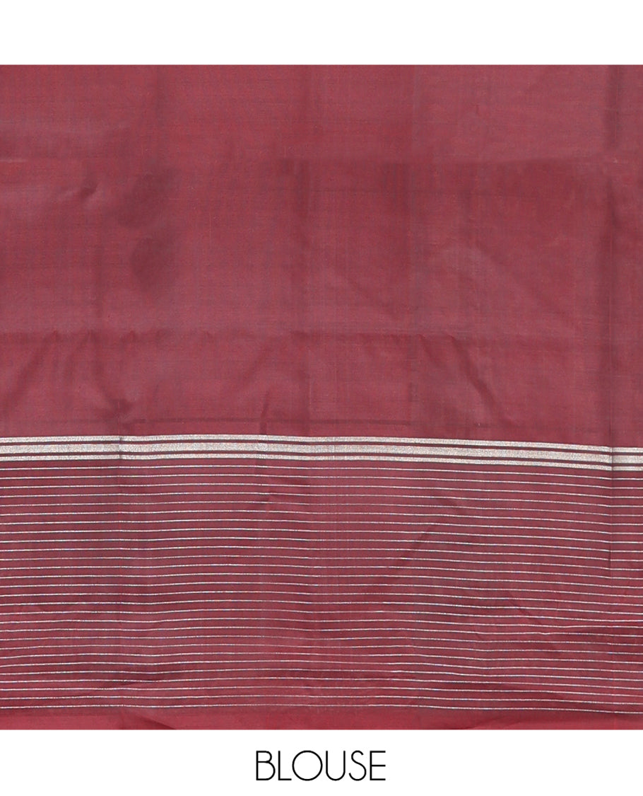 Grey Mayuri Lite Silk Mix Saree, Graced with Mayil and Chakram Zari Buttas, Complemented By Contrast Striped Border of Mayil Design, a Grand Jaal Pallu, and a Contrast Blouse