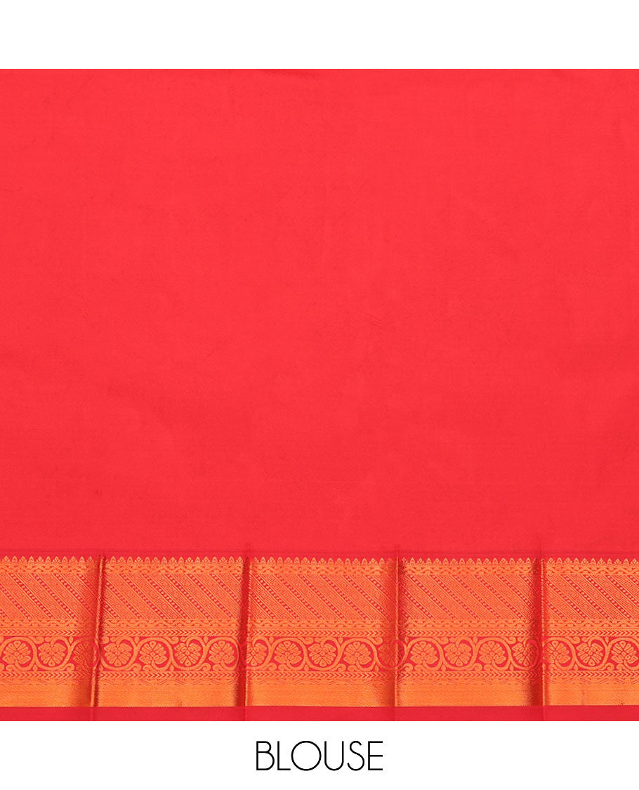 Red Budget Silk Saree, Boldly Accentuated with Zari Buttas and Checks All Over Its Body, Highlighted by a Traditional Zari Design Border, Grand Pallu, and Paired with a Matching Blouse