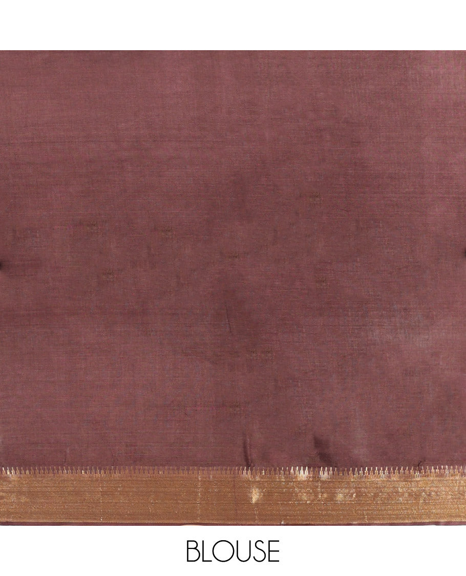 Brown Banana Pith Saree, Delicately Woven with Buttas, a Zari Temple Border, Striped Pallu, and Matching Blouse